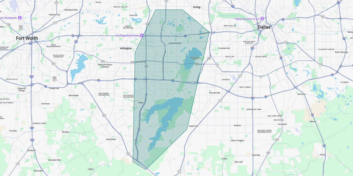 Map of Dallas showing our coverage area around the DFW metroplex