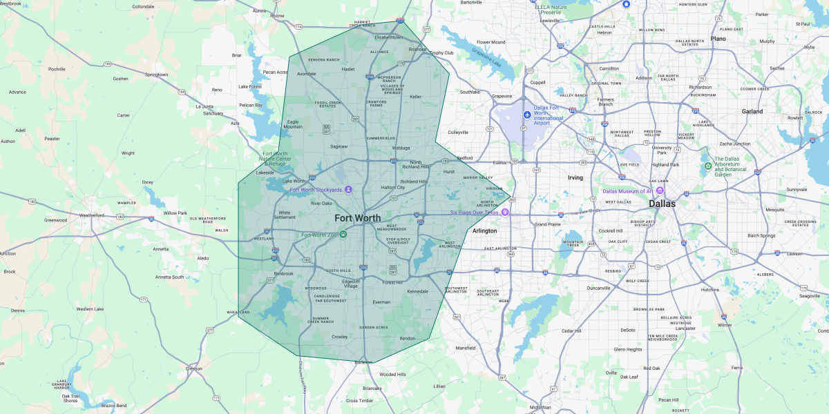 Map of Dallas showing our coverage area around the DFW metroplex