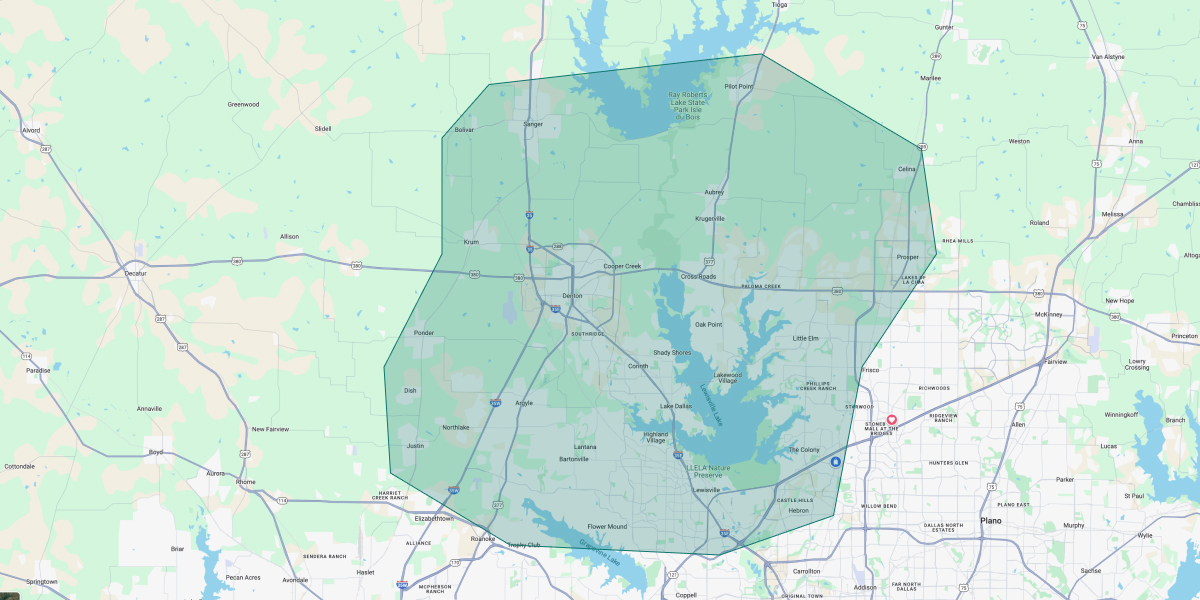 Map of Dallas showing our coverage area around the DFW metroplex