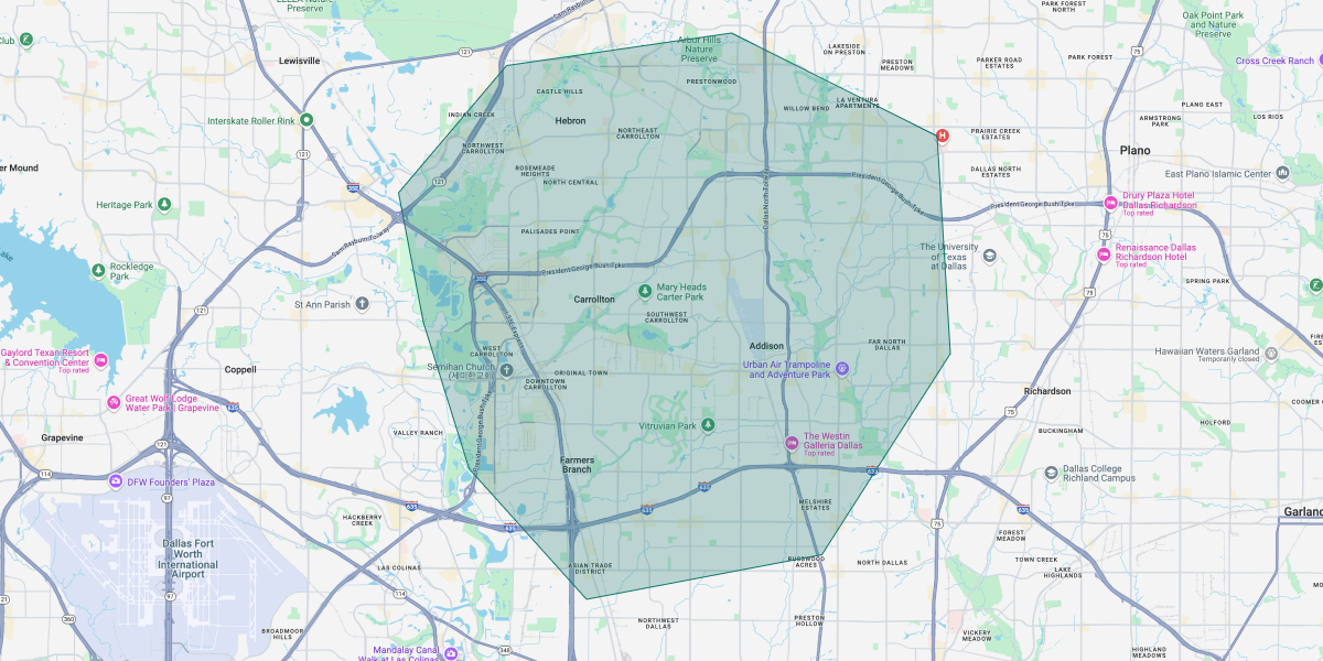 Map of Dallas showing our coverage area around the DFW metroplex