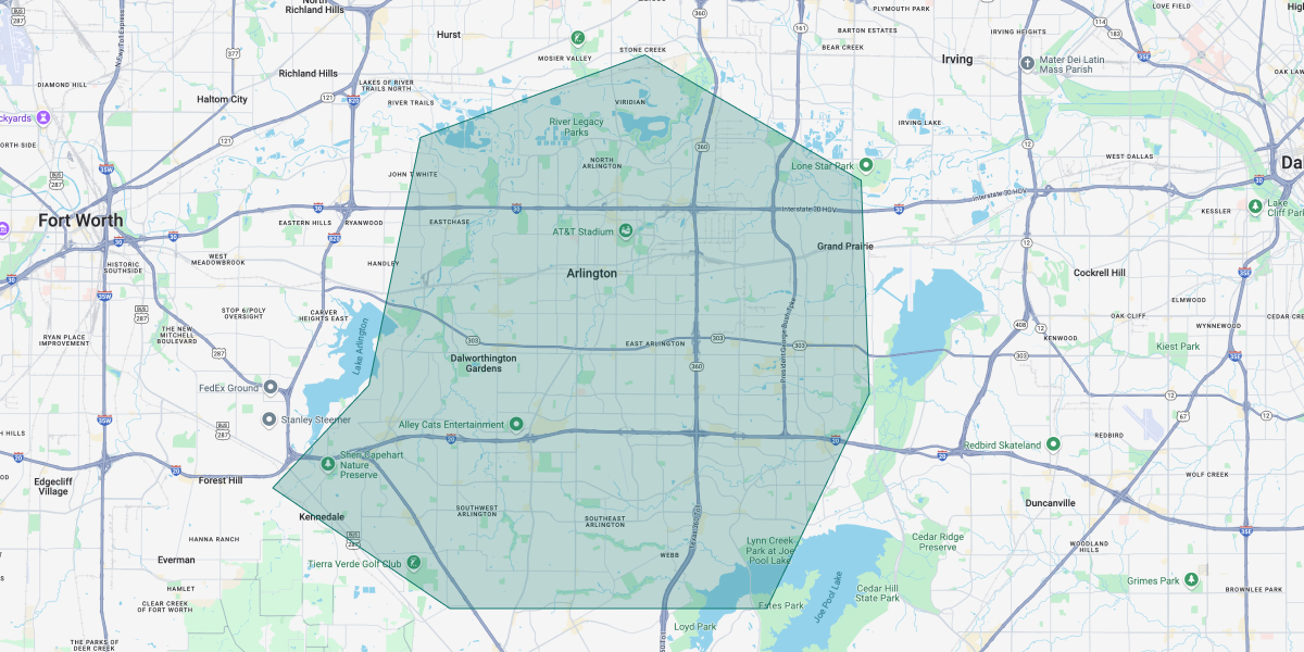 Map of Dallas showing our coverage area around the DFW metroplex