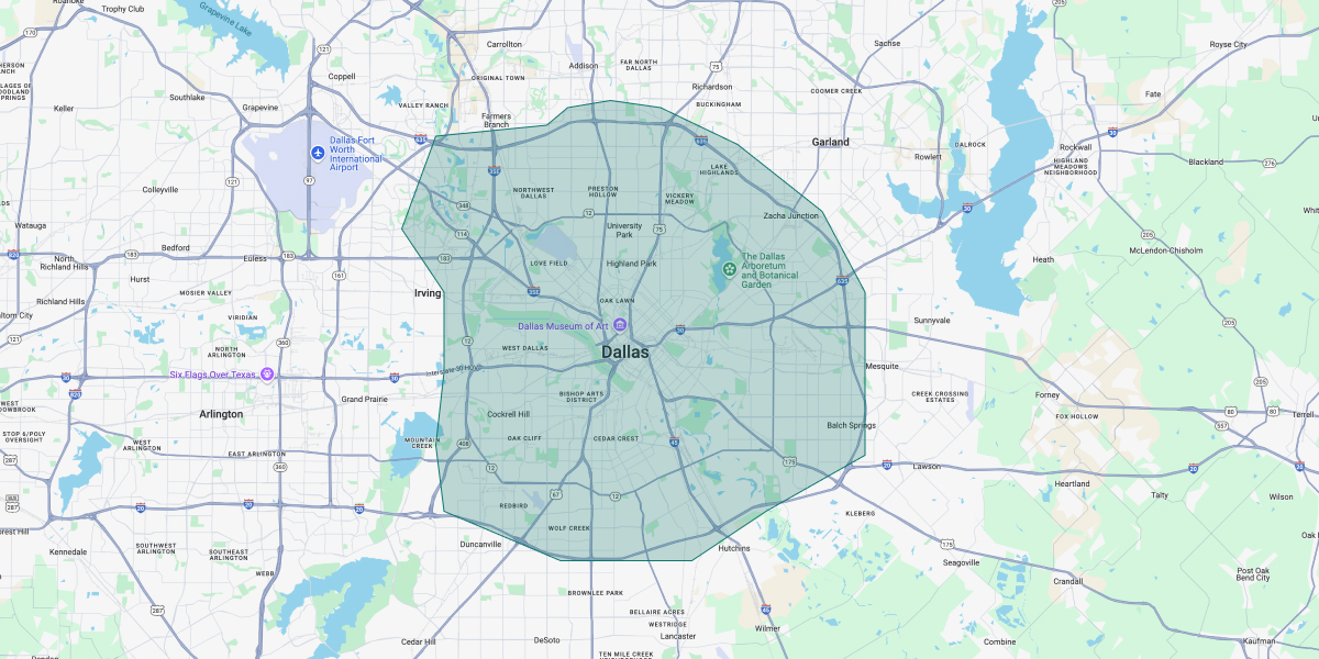 Map of Dallas showing our coverage area around the DFW metroplex