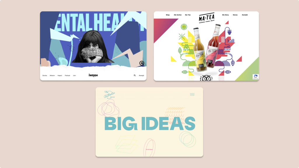 Screenshots of 3 websites showcasing the choice of bold fonts and colours. 