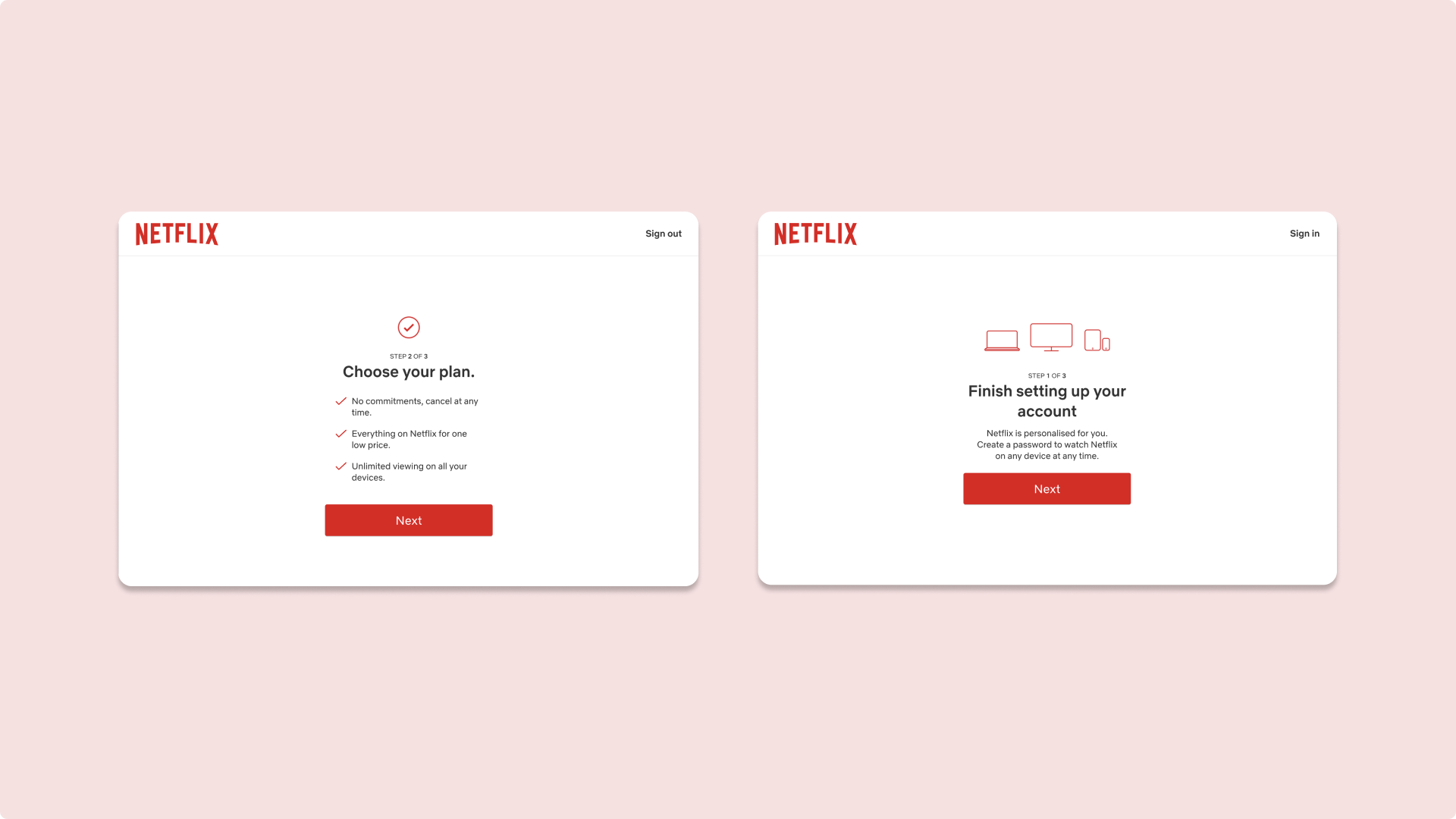 Two screenshot of the Netflix onboarding journey.