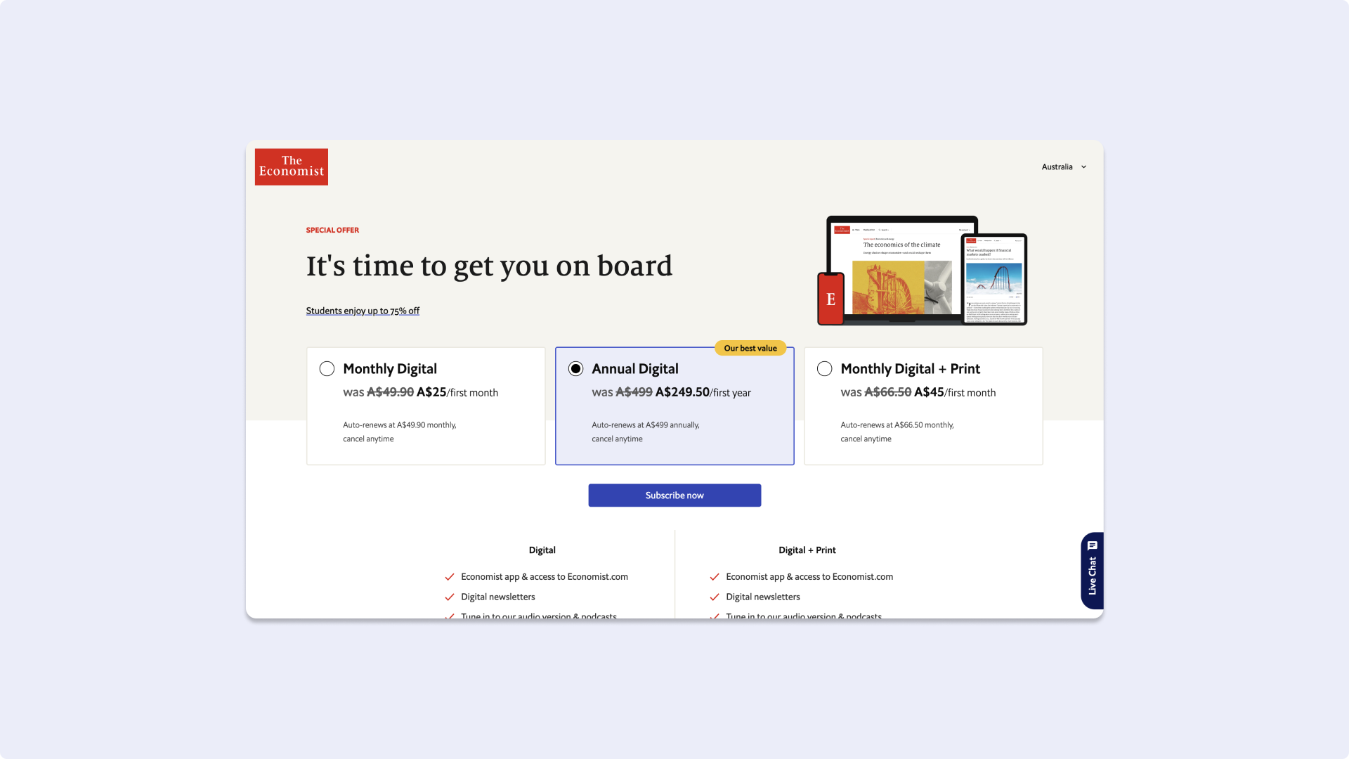 Screenshot of the Economist subscription page mentioning three different subscription plans.