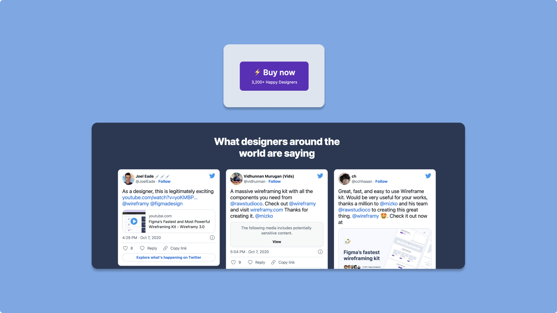 Screenshot of Wireframy website showing comments and reviews from customers.