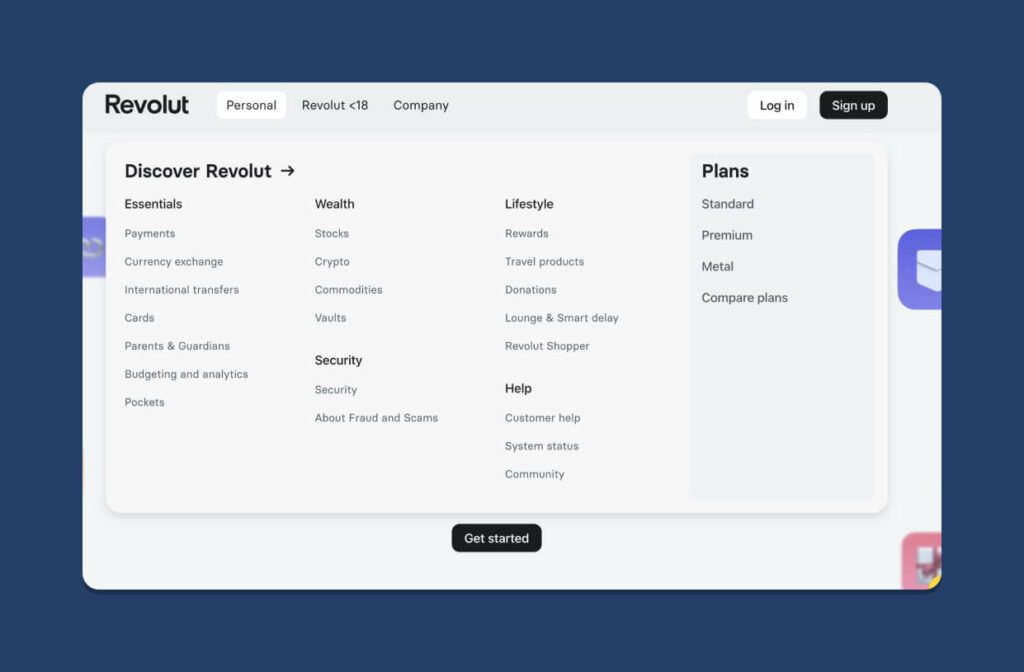 A screenshot of Revolut's navigation IA under their 'personal' tab, which includes 5 categories with multiple subcategories and 4 plans