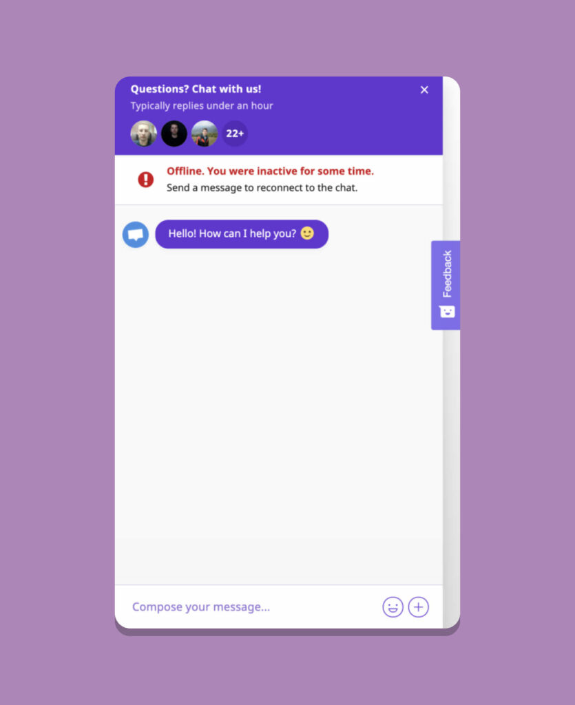 A visual design of a chatbot pop up on a website, with the bot messaging "Hello! How can I help you? 🙂"