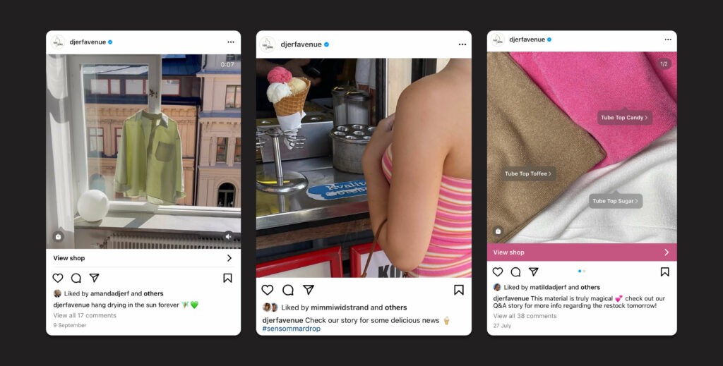 Screenshots of @djerfavenue's instagram and some examples of the emojis they use

e.g. 'hand drying in the sun forever 🧚💚' for an image of a green shirt hanging up on a window
