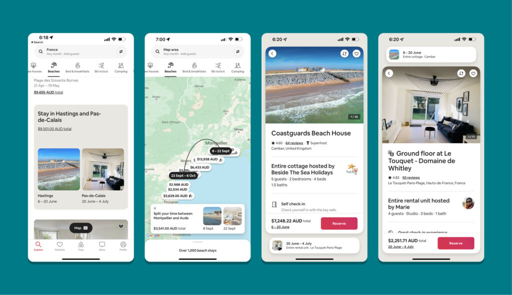 Screenshots of the interaction with split stays.
Screen one: displaying the card with the two different stays that span over your preferred stay
Screen two: a map displaying all the different stays within that area with the two split stays joined with a line
Screen three: the first of the two split stays as an overlay showing an image the name and the CTA to book
Screen four: the second of the two split stays as an overlay showing an image the name and the CTA to book