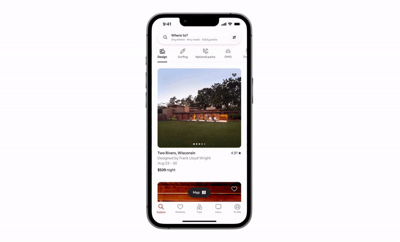 A gif of the airbnb page, scrolling through the 56 new categories