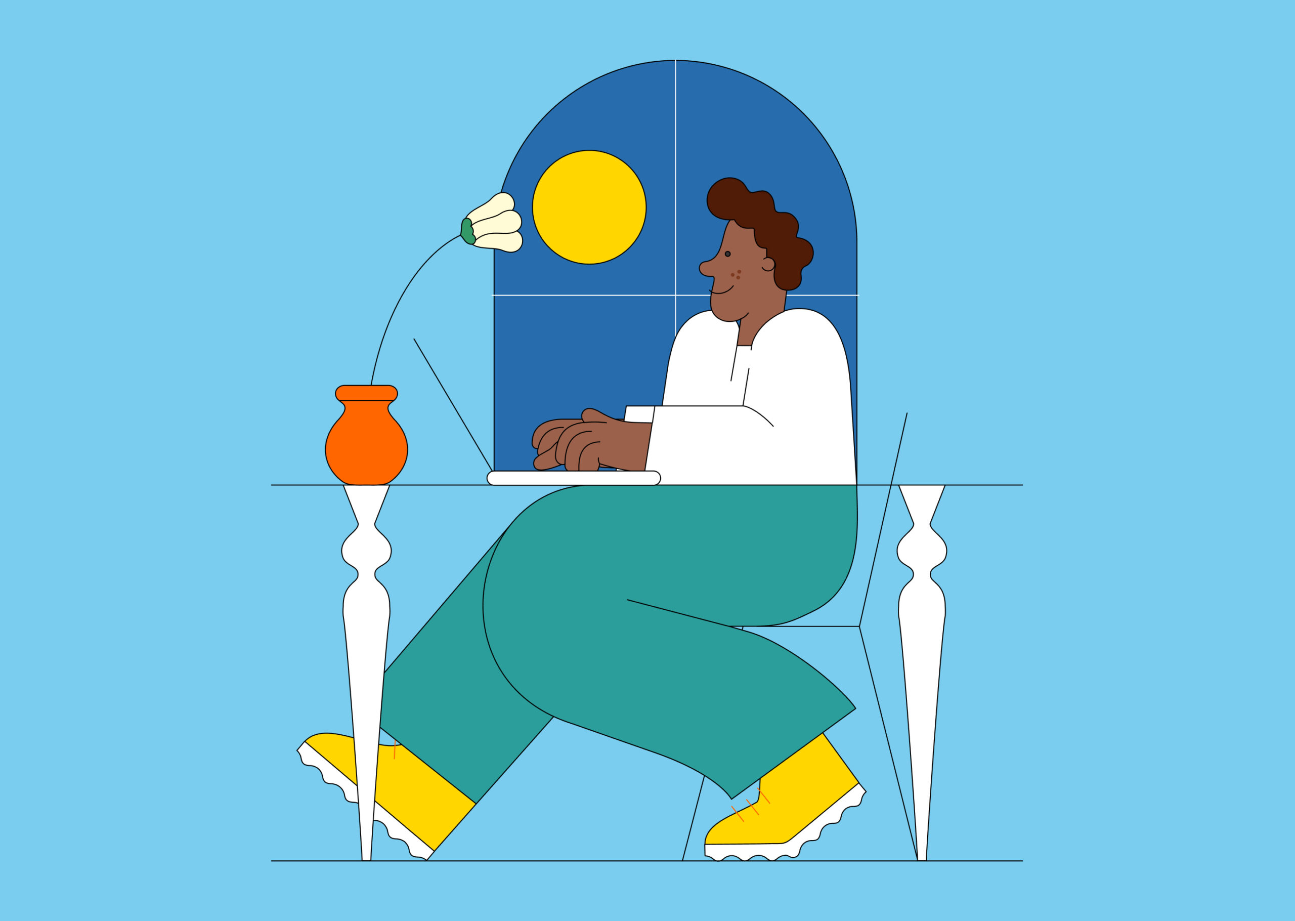 Illustration of man typing on his computer on a desk.