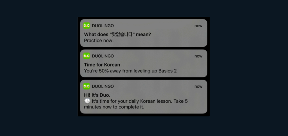 Three iPhone notifications from Duolingo app.
1. What does this word mean? Practice now!
2. Time for Korean. You're 50% away from levelling up Basics 2
3. Hi! It's Duo. Time for your daily Korean Lesson. Take 5 minutes now to complete it