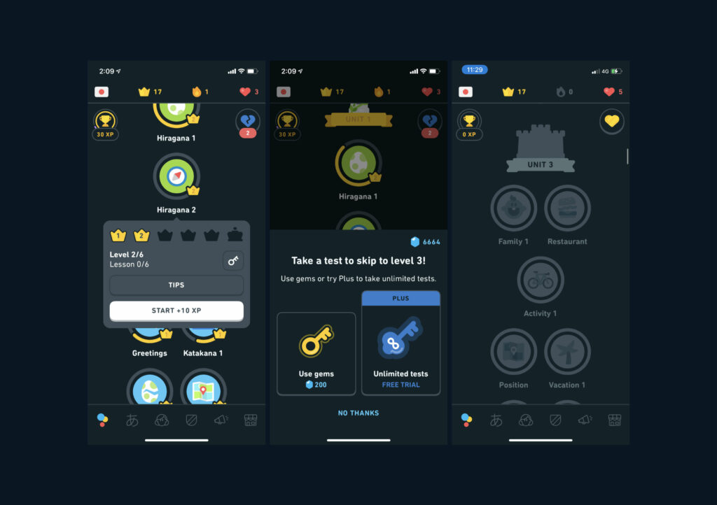 Duolingo screens displaying user progress and levels and displaying the ability to skip to another level for gem payment.