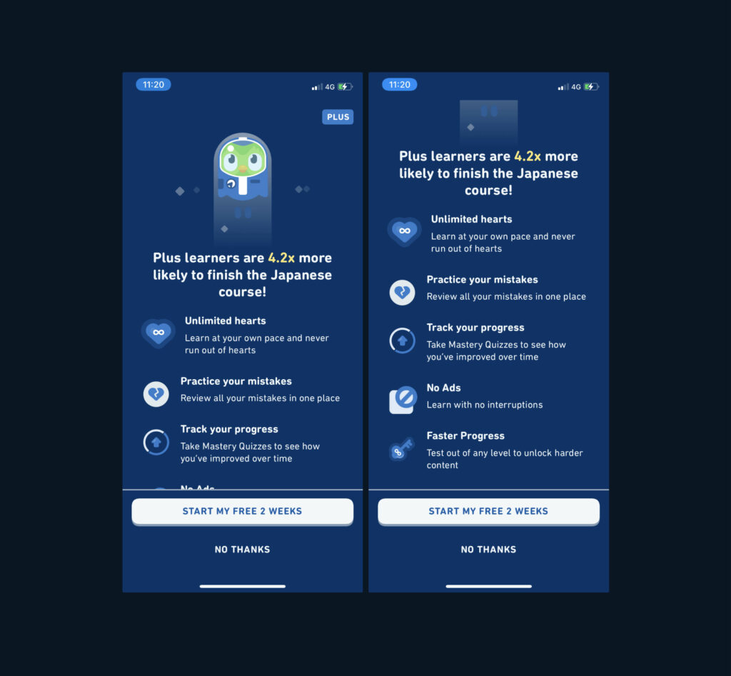 Duolingo Plus Advertisement Overlay
- displays a list of benefits to upgrading
- dark blue colour for mature / premium approach
