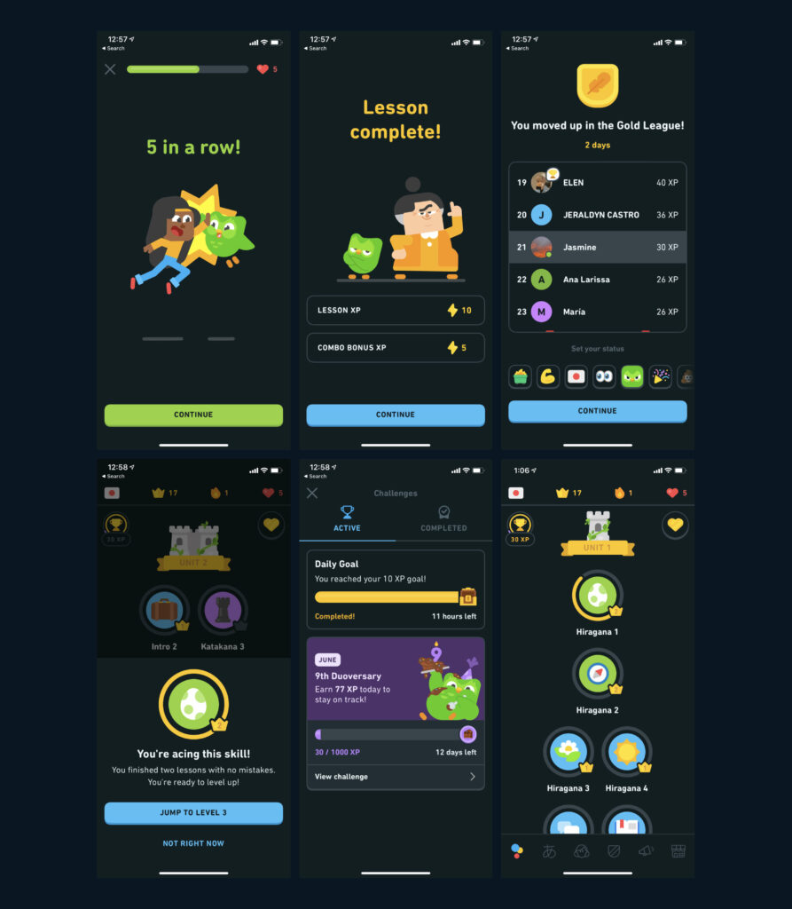 Screenshots from Duolingo - including:
- celebration animations when a user answers the question correctly
- a leaderboard where the user can see where they are placed
- an encouraging message from Duo saying "You're acing this skill! You're ready to level up"
-progress bars indicating on each learning unit to see where the user is up to