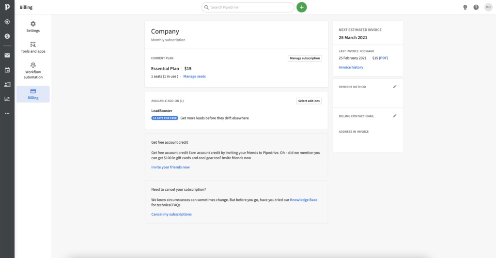 The billing section of Pipedrive's platform. Has details of your current plan, available add ons, and subscription cancellation options