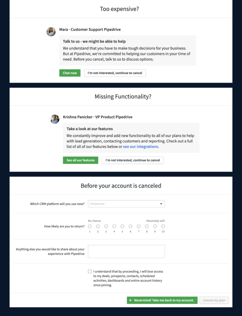 A list provided by Pipedrive used as an attempt to win the customer back.
