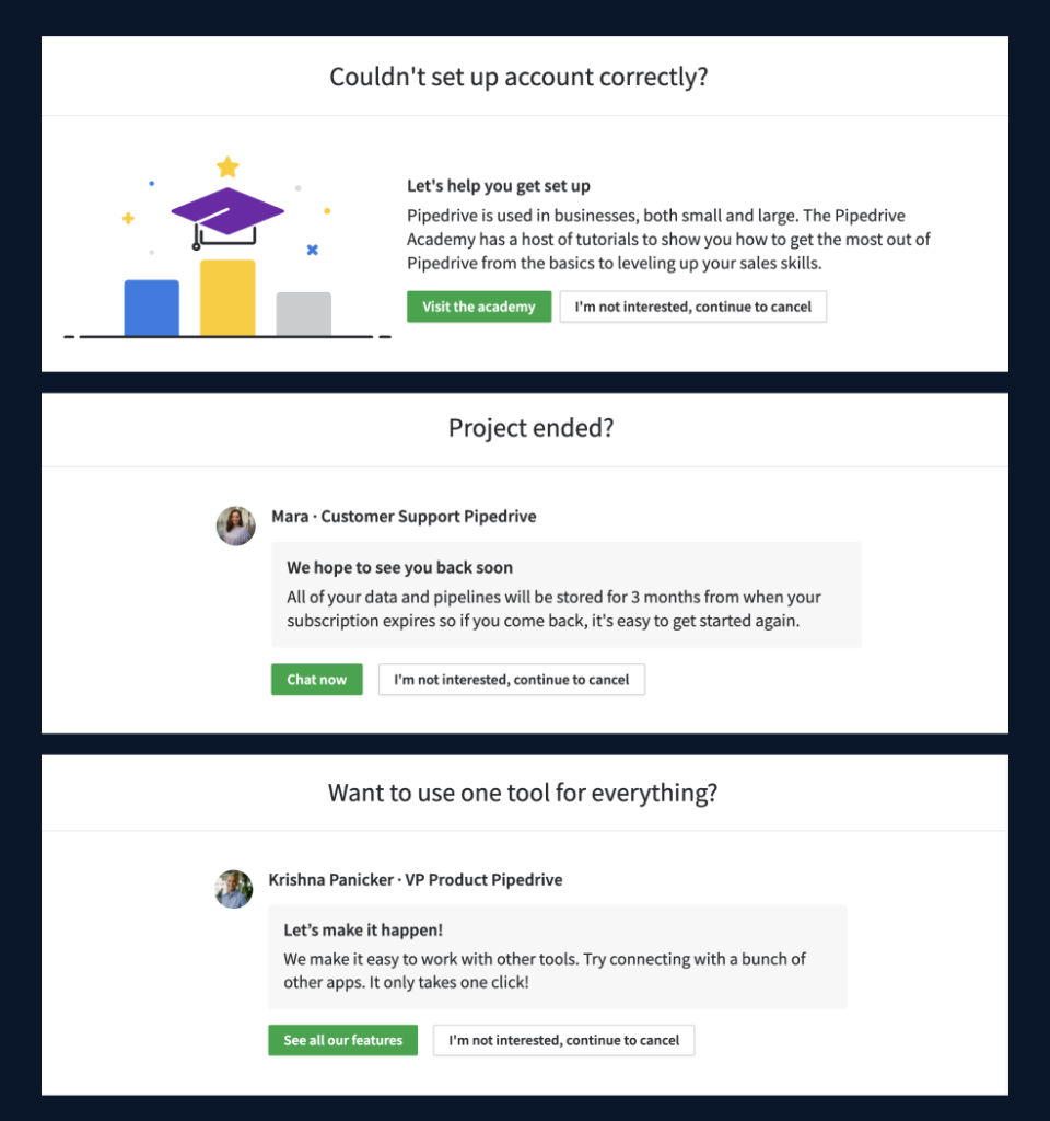 A list provided by Pipedrive used as an attempt to win the customer back.