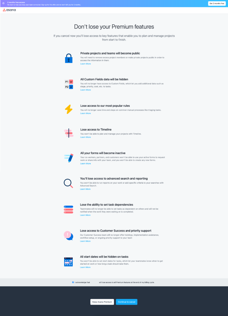 A screen from Asana's platform reminding the user of the features that they will lose if they unsubscribe - with the title "Don't lose your premium features."