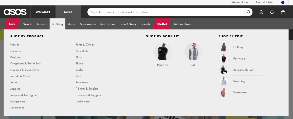 ASOS' top nav bar opened to Men's Clothing, displaying categories.