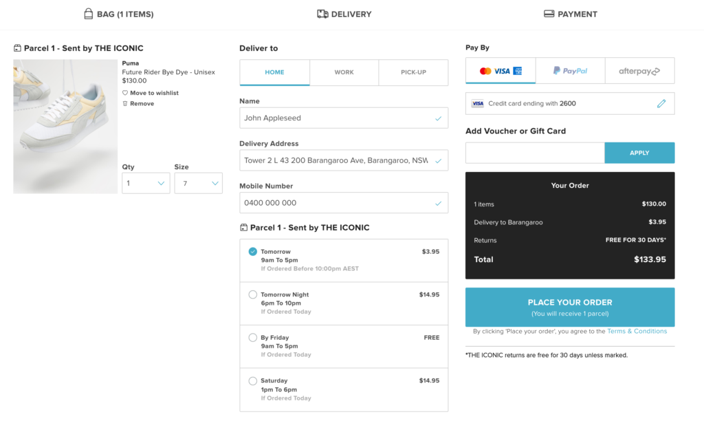 The checkout process from the image above's Puma Sneaker. Checkout process is all displayed on one page which makes things super simple for the user.