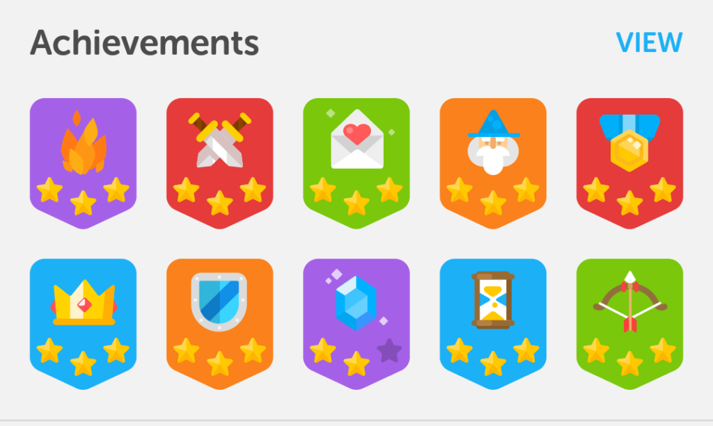 Duolingo's bright and colourful badges, encouraging their users to progress and succeed