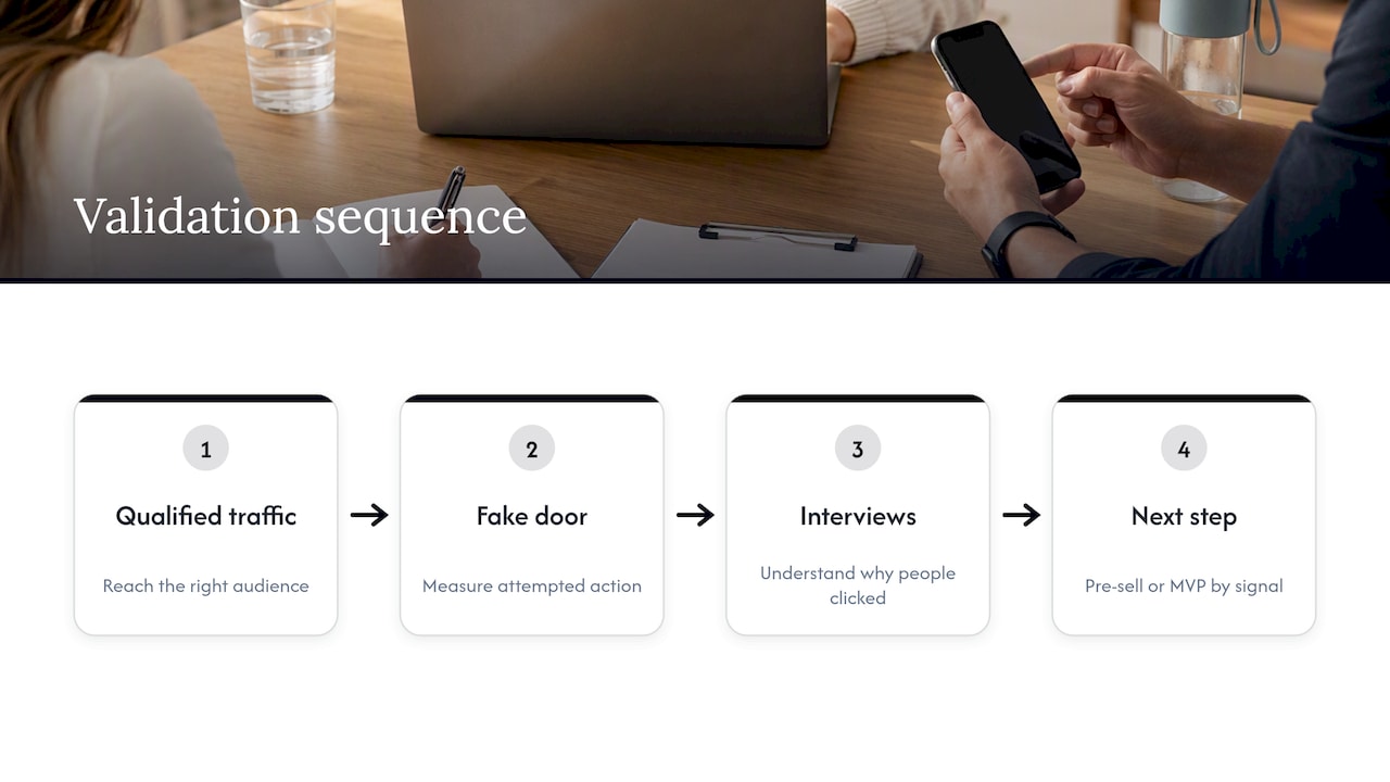 Sequence from fake door test to validation