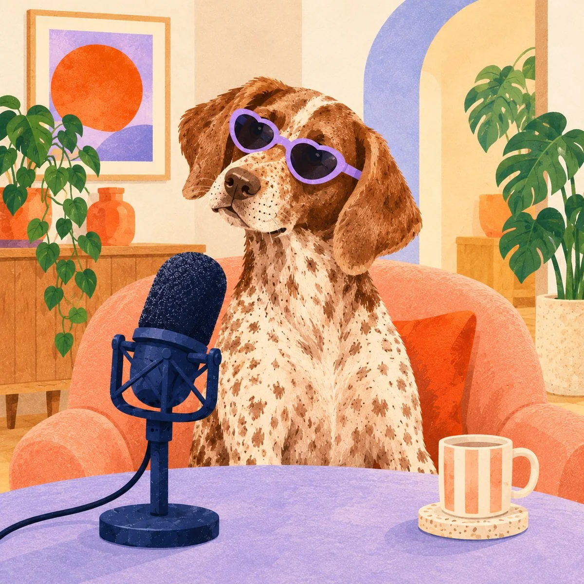 Illustration : un chien à lunettes de soleil au micro, prêt à enregistrer un podcast