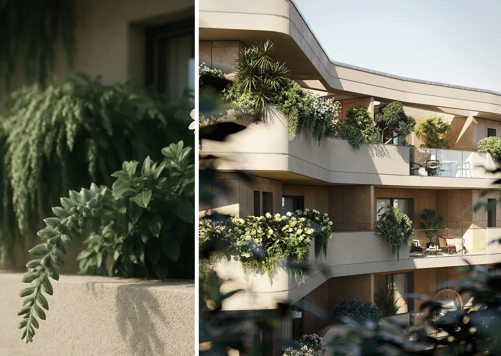 Facciata curva di Aria Living Parma con balconi verdi e piante ricadenti, dettaglio e vista d'insieme.