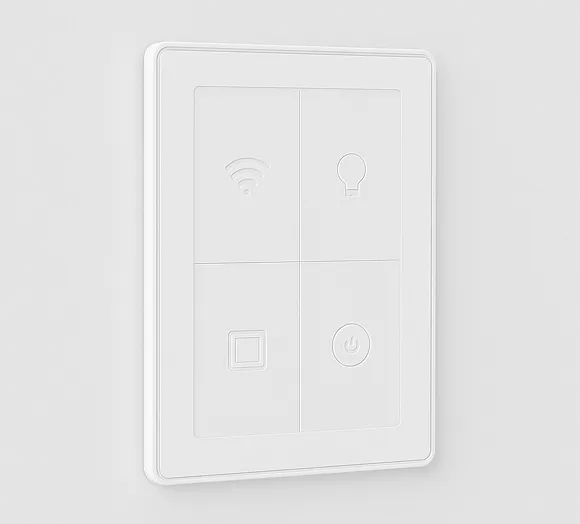 Pulsantiera domotica bianca a quattro tasti con icone Wi-Fi, luce e accensione.