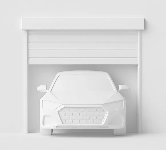 Auto bianca davanti a un box con serranda avvolgibile, illustrazione minimal.