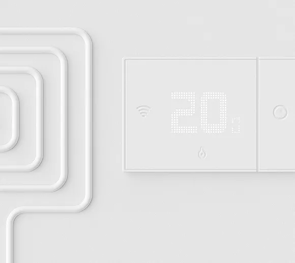 Termostato smart bianco con display che segna 20 gradi e icona Wi-Fi.