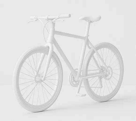 Bicicletta bianca vista di tre quarti su sfondo chiaro.