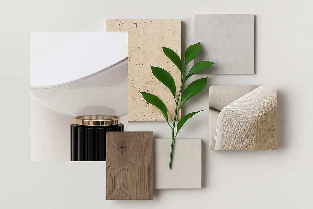 Composizione di materiali Aria Living Parma: lampada, tessuti e piante decorative.