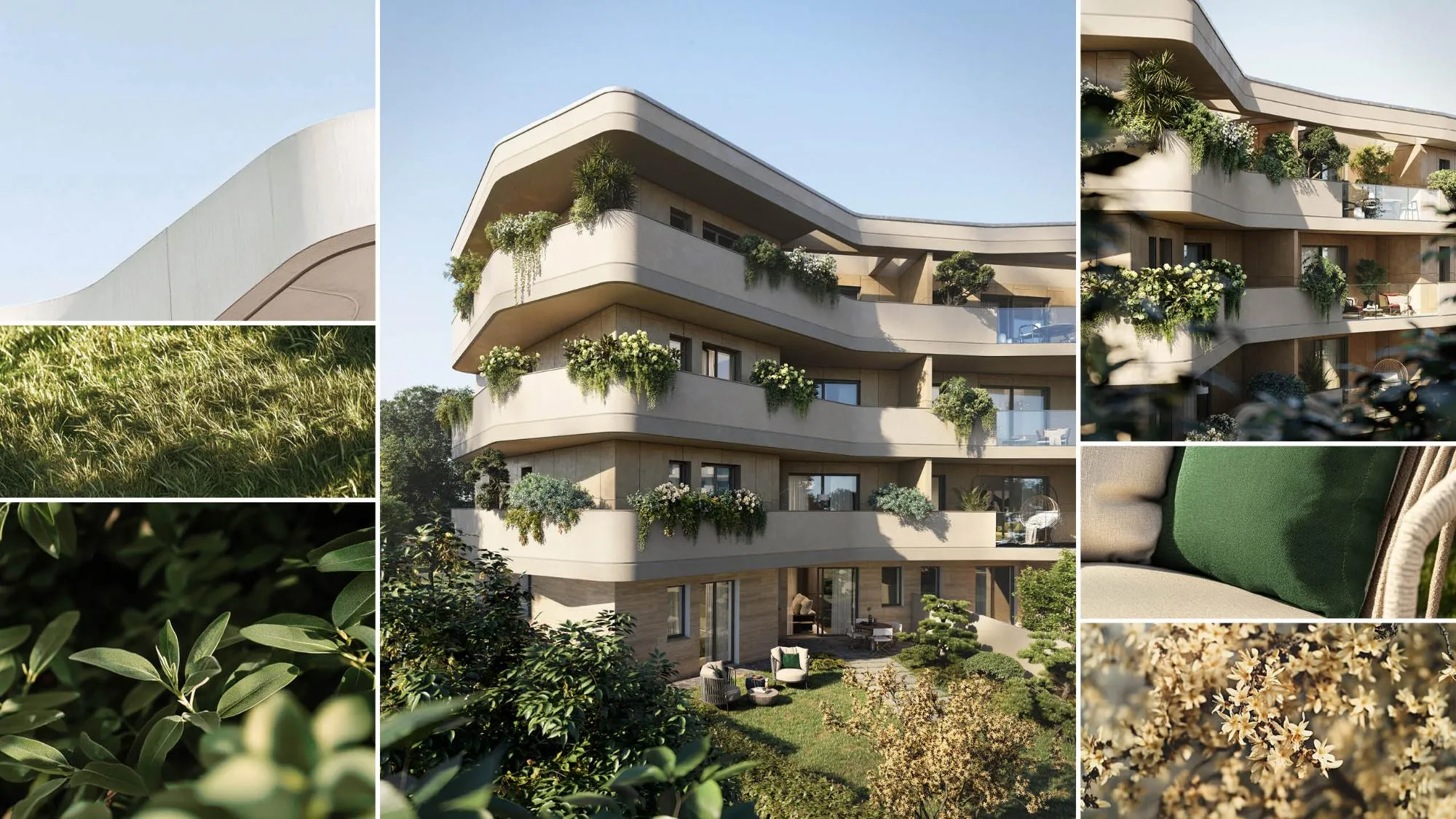 Palazzina con terrazze piantumate e giardino verde tutt'intorno.