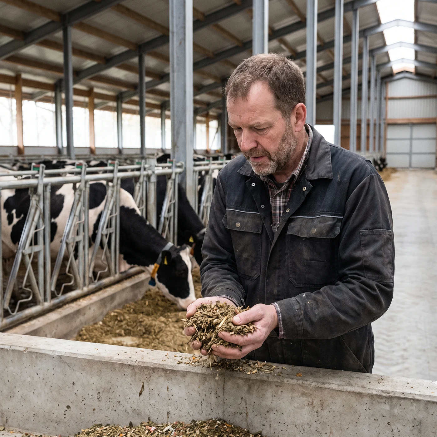 Landwirt prüft die Mischration am Futtertisch im Milchviehstall