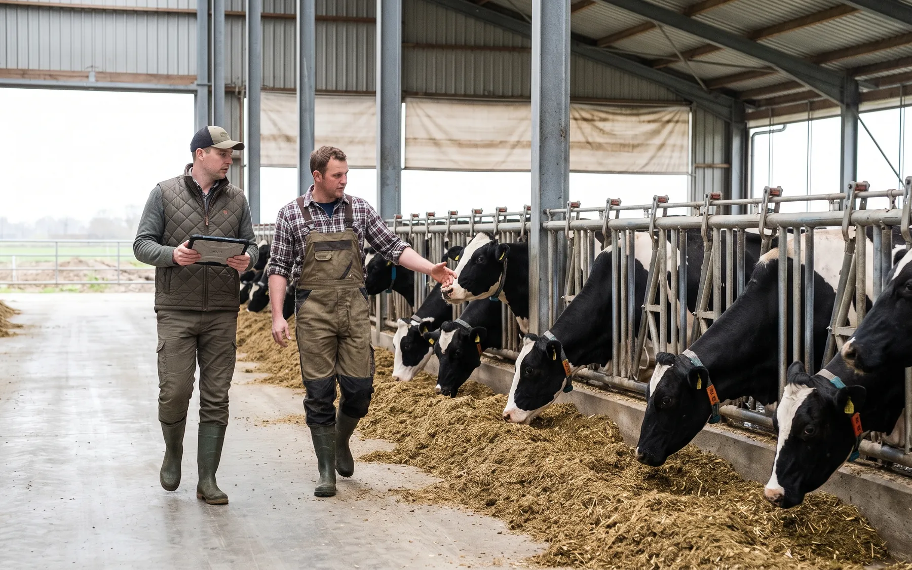 Berater und Landwirt gehen den Futtertisch entlang und besprechen die Ration