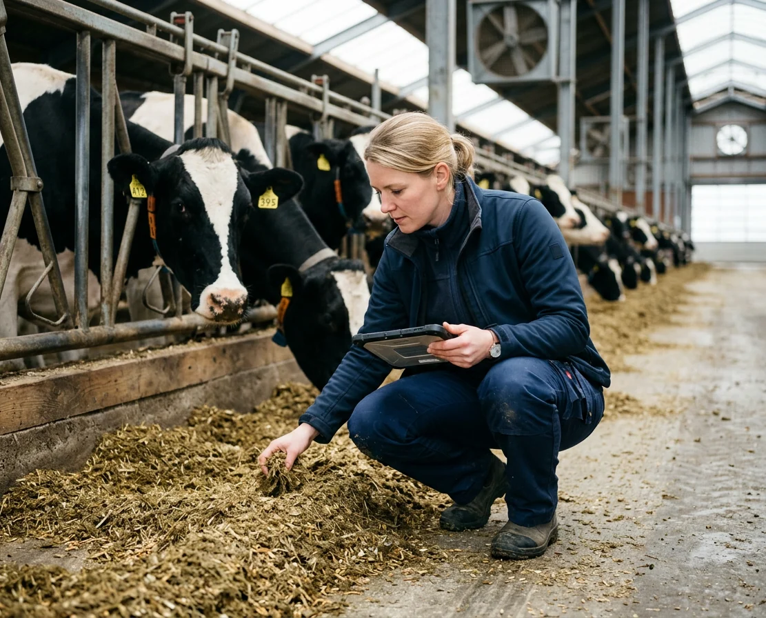 Fütterungsberaterin kontrolliert die Ration am Fressgitter
