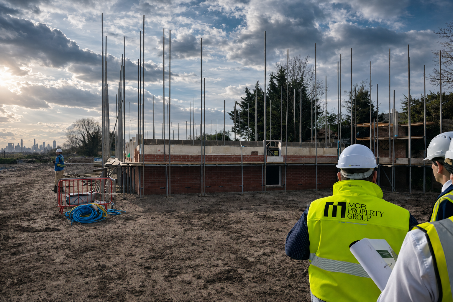 MCR Property Group construction team on site with the city skyline beyond