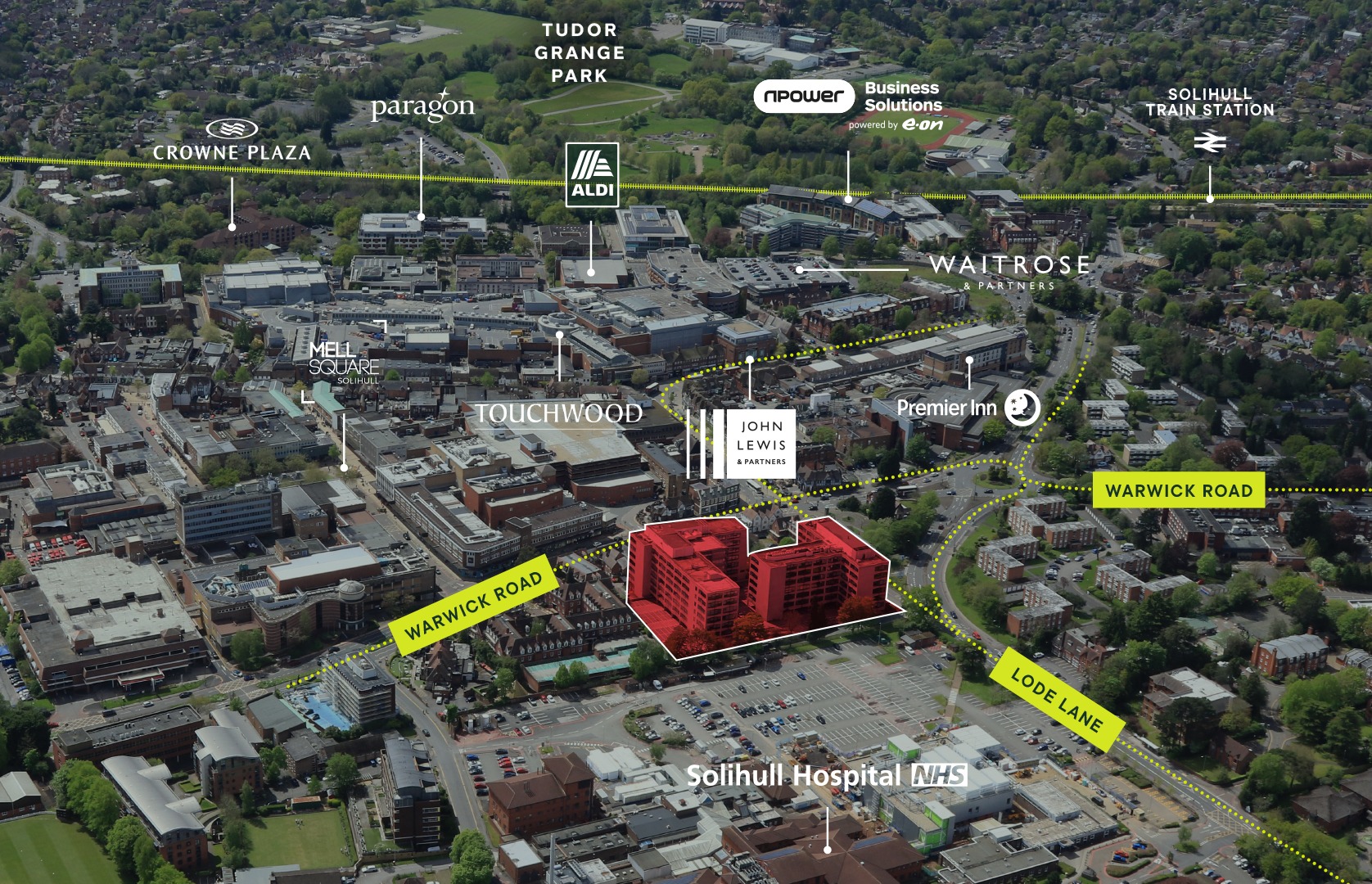 Aerial map showing Blenheim Court in relation to Solihull town centre, Solihull station and nearby amenities