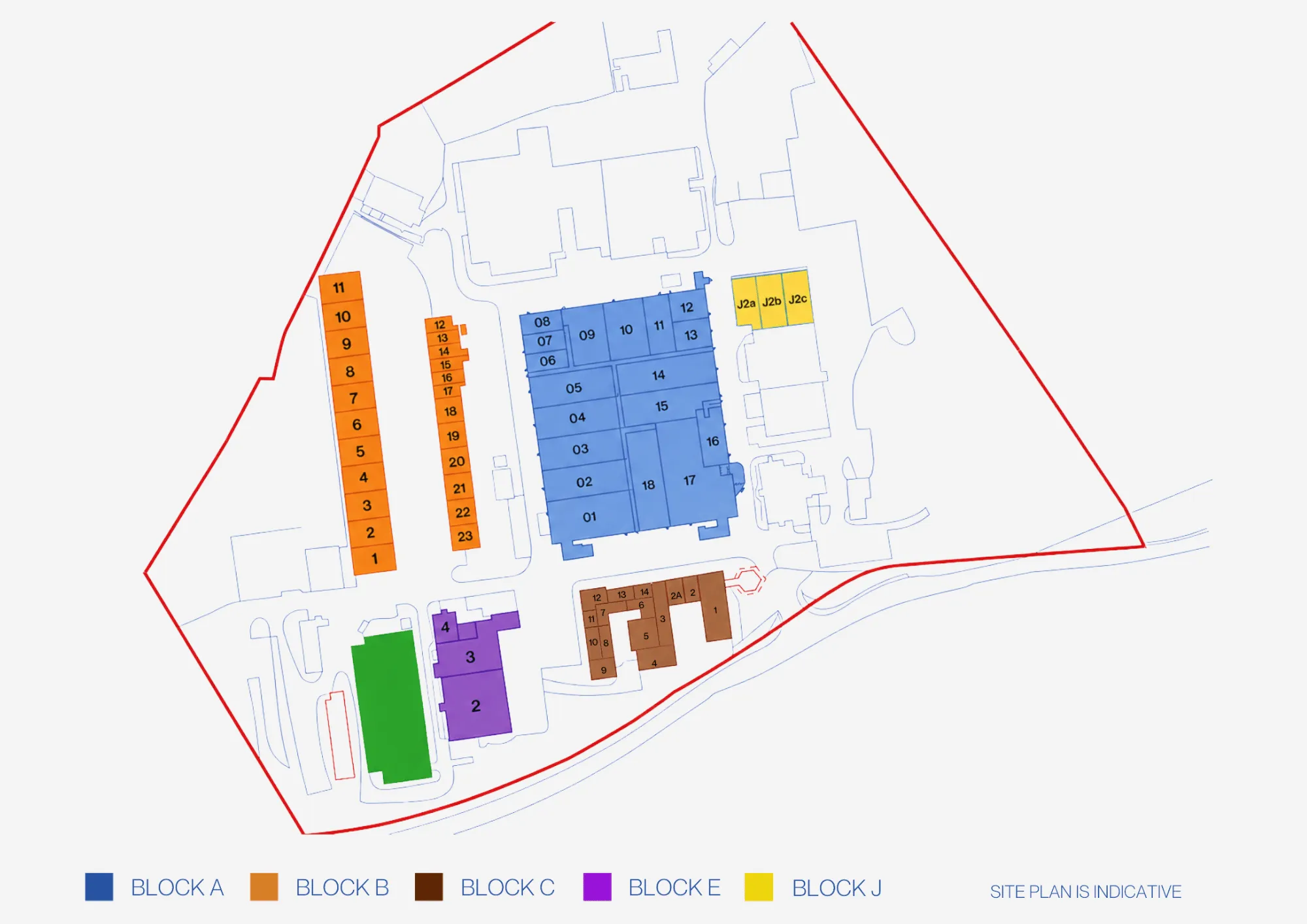 Indicative site plan of Aven Industrial Park showing the locations of Blocks A, B, C, E and J