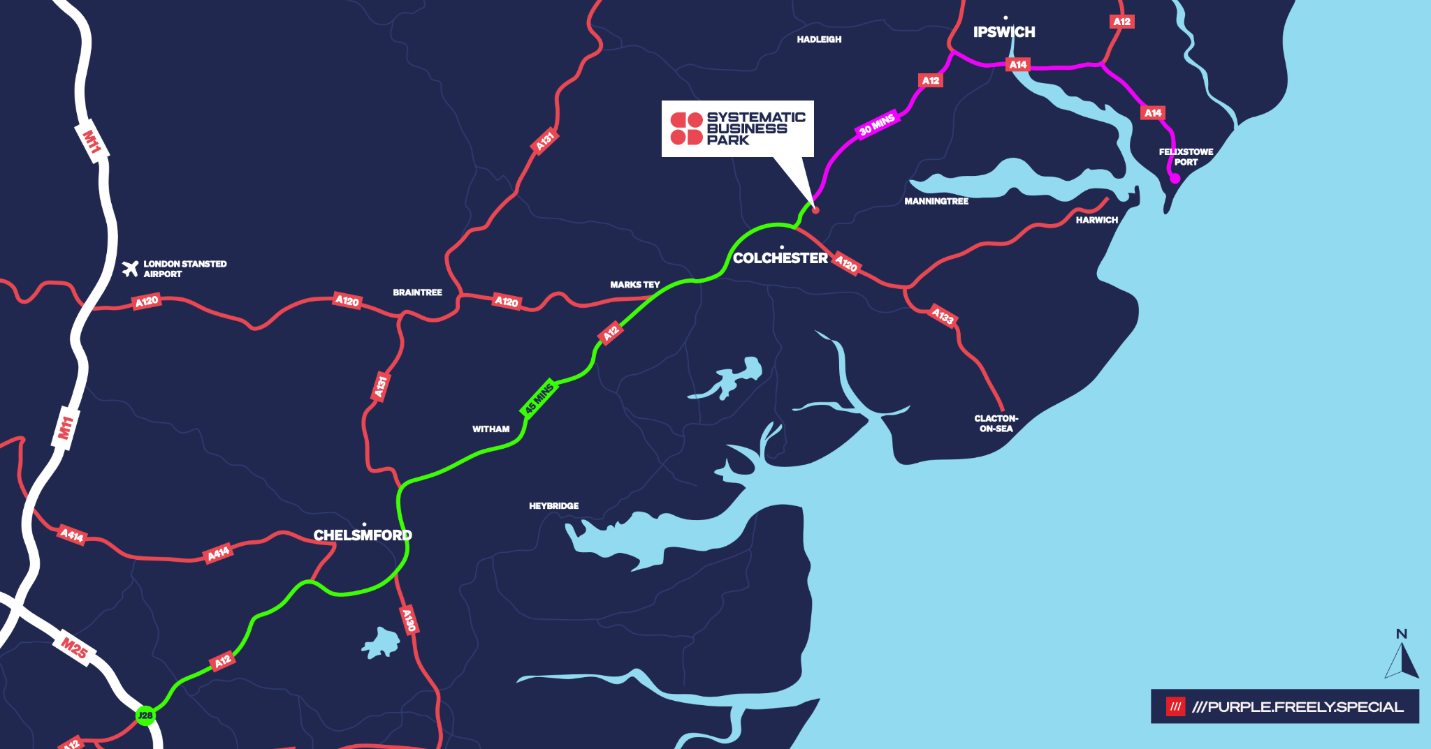 Regional connectivity map showing Systematic Business Park near Colchester with routes to Ipswich, Felixstowe Port, Harwich and the M25