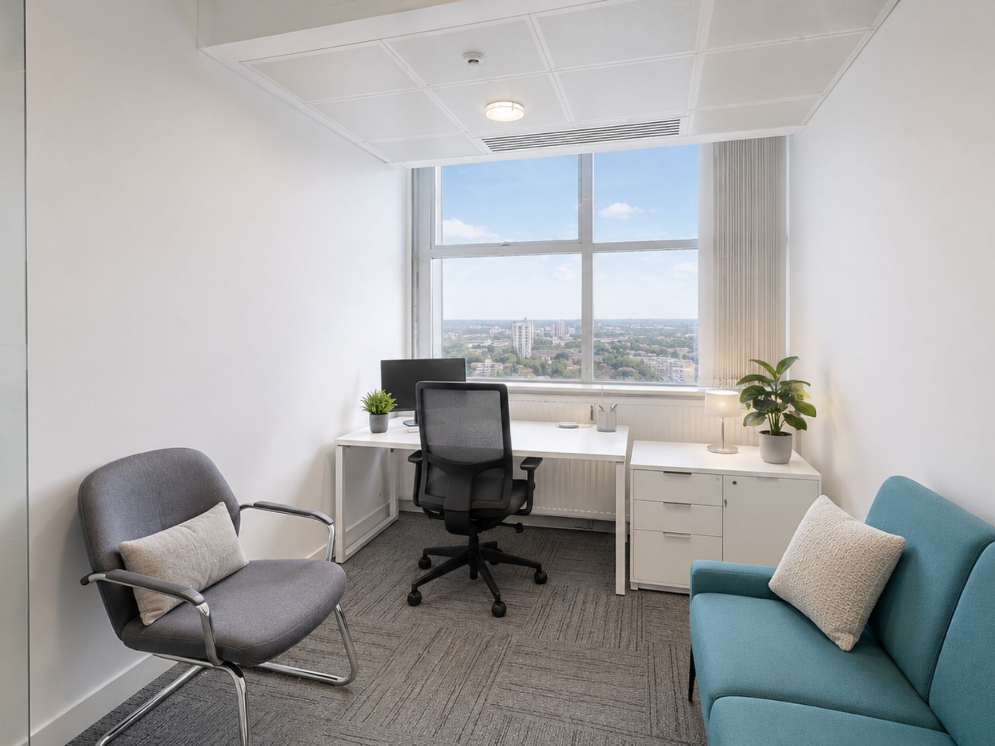 Small serviced office at Cobalt Square in Edgbaston with desk, seating and panoramic outlook