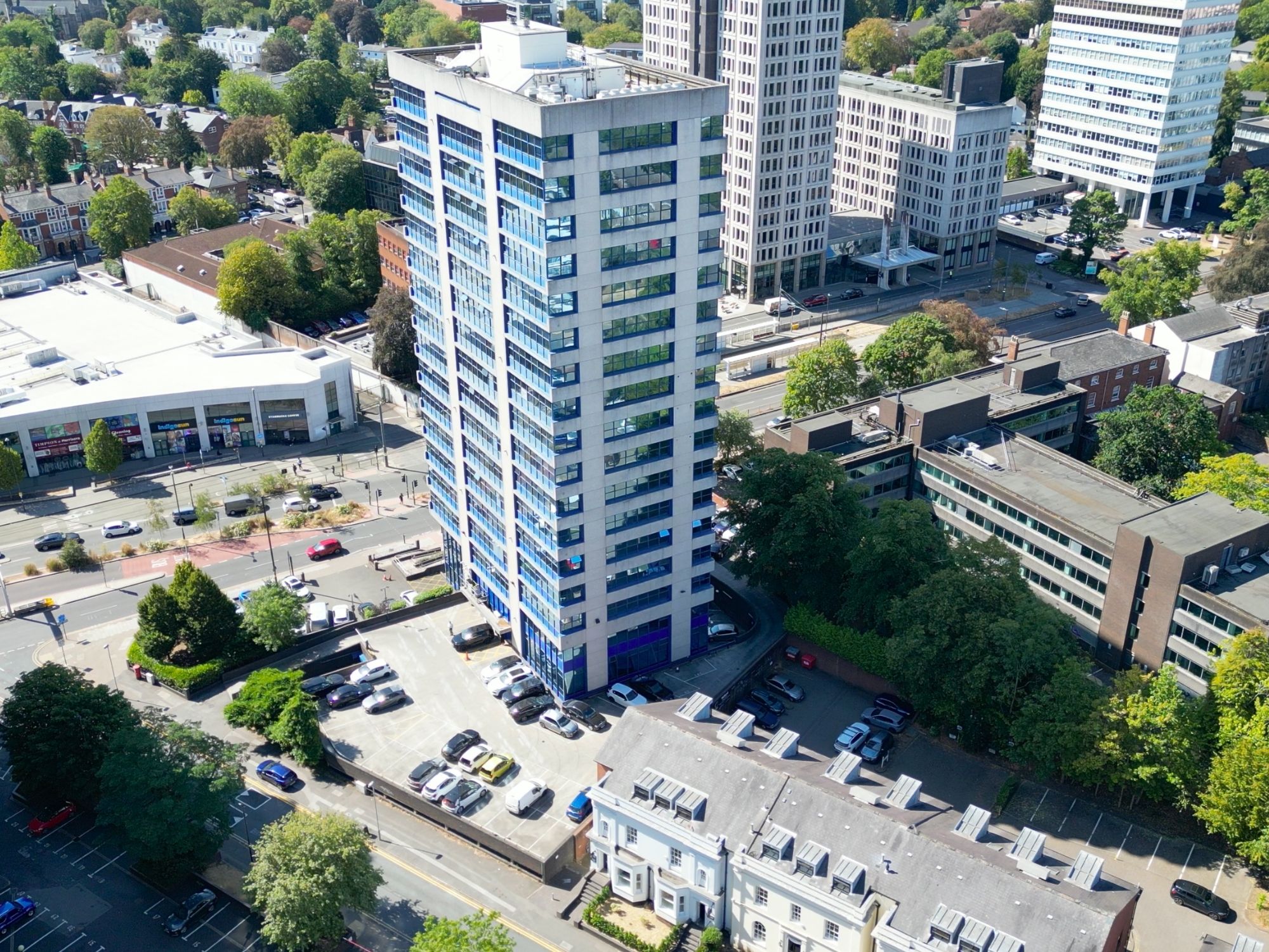Aerial view of Cobalt Square and the surrounding Edgbaston commercial district in Birmingham