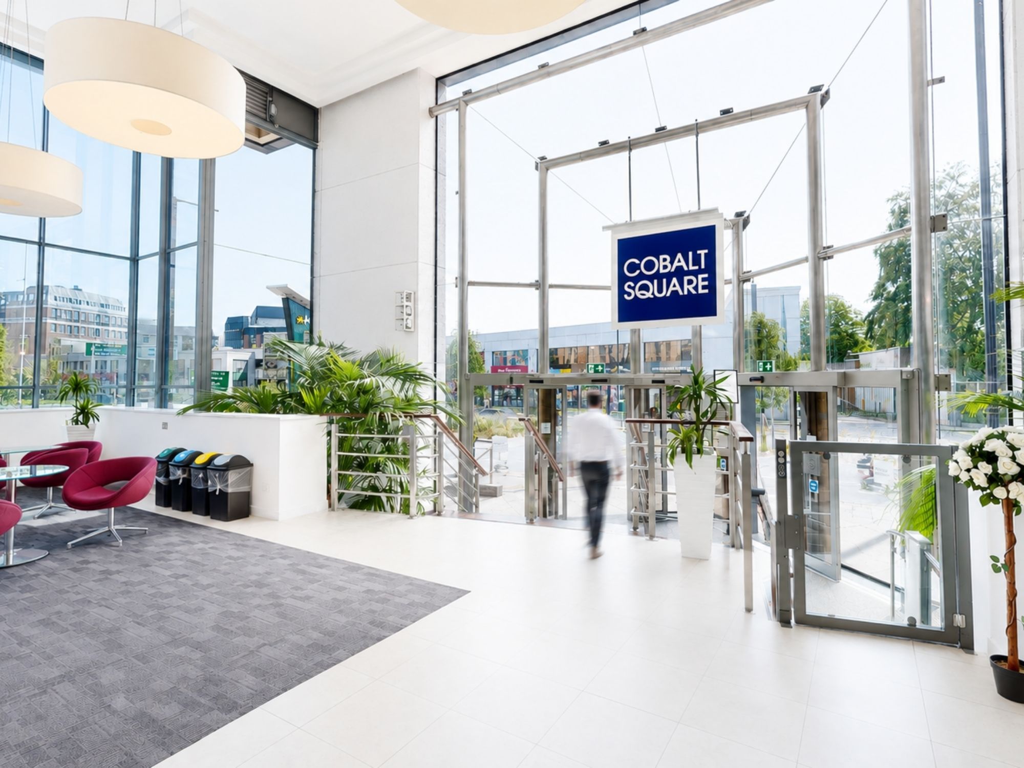 Cobalt Square lobby and entrance area with seating and floor-to-ceiling glazing in Edgbaston