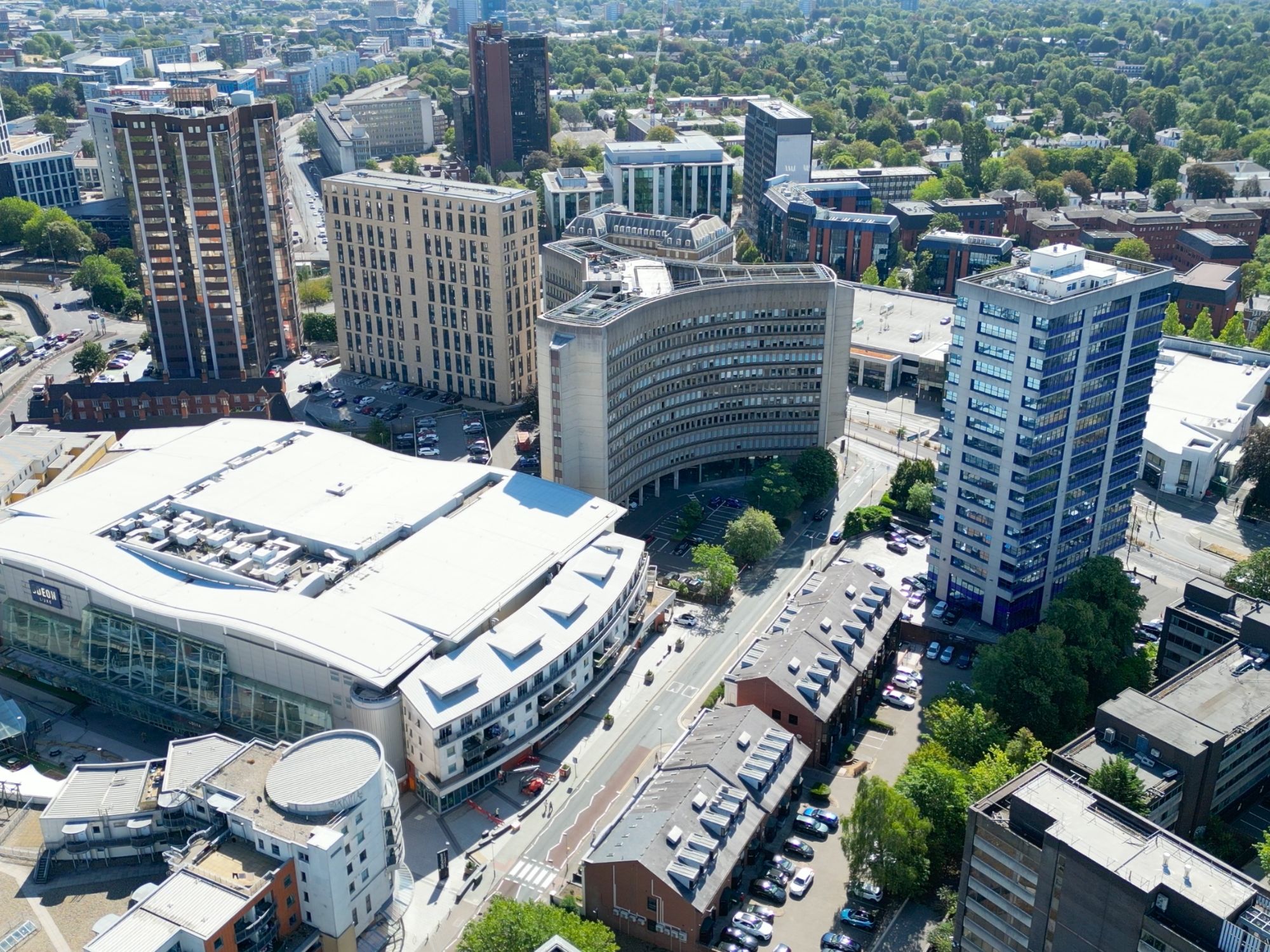 Wide aerial view of Cobalt Square near Broadway Plaza and central Edgbaston, Birmingham