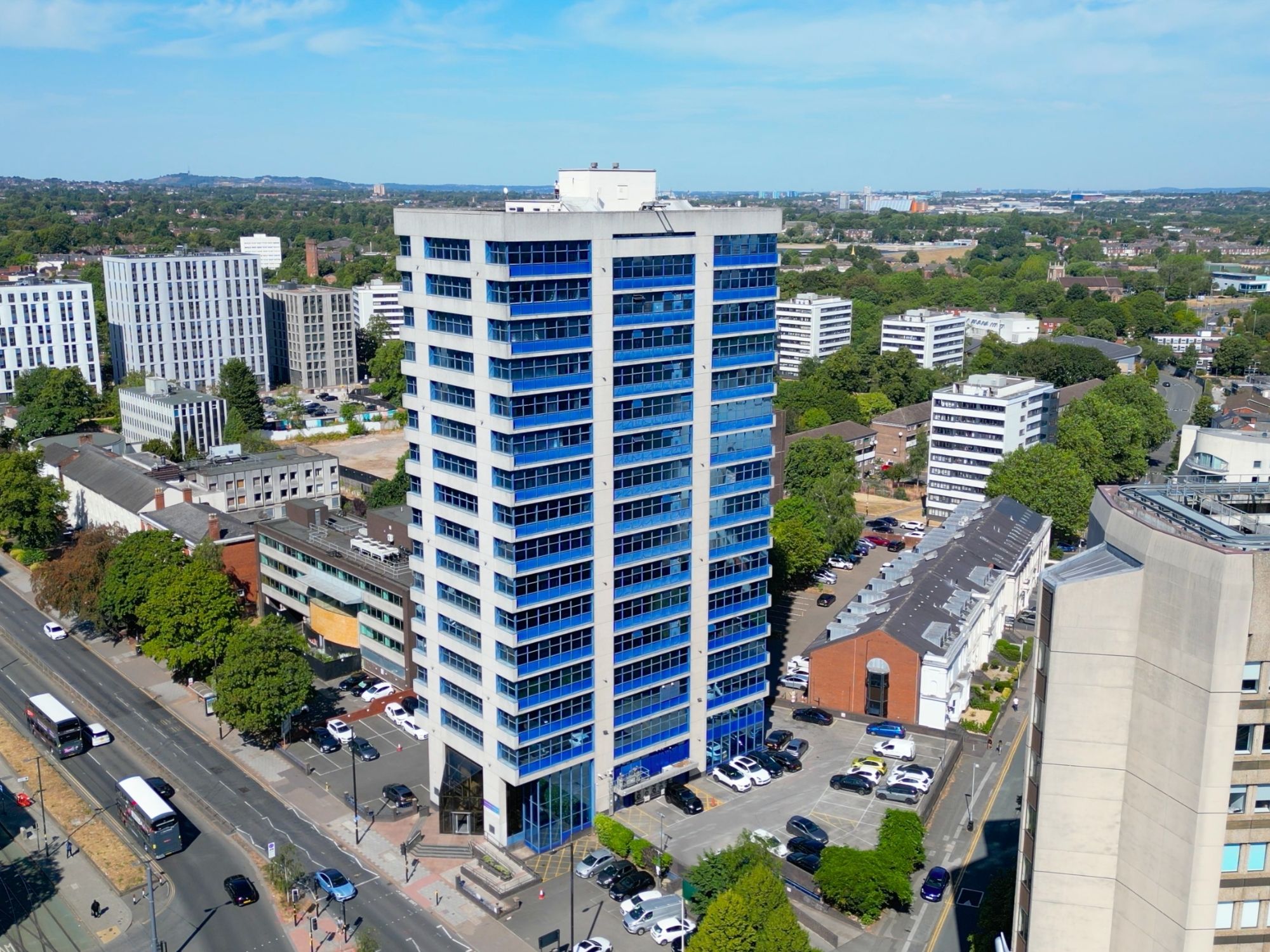 Aerial exterior view of Cobalt Square on Hagley Road in Edgbaston, Birmingham