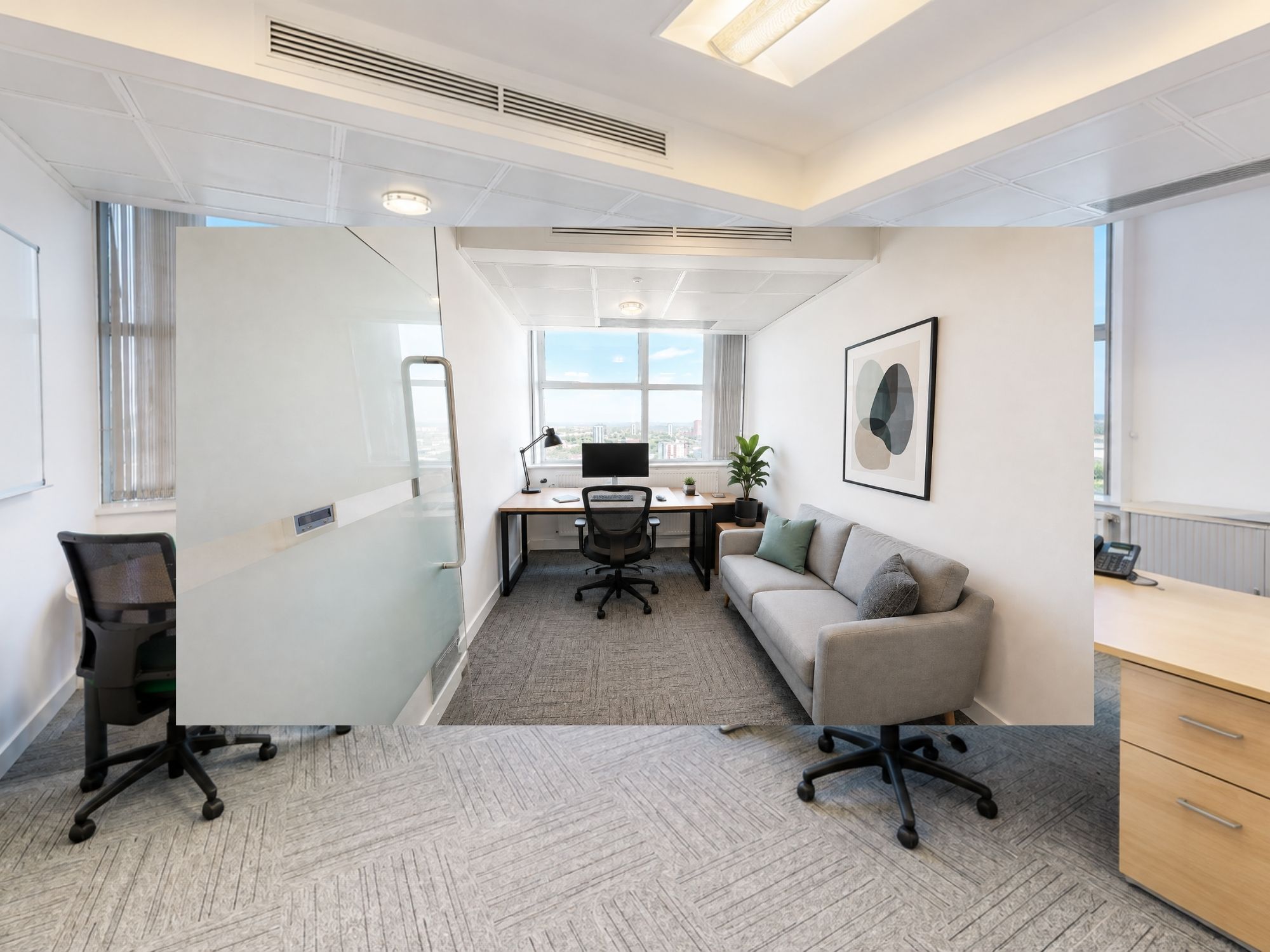 Furnished private serviced office suite at Cobalt Square with glass partition and breakout seating