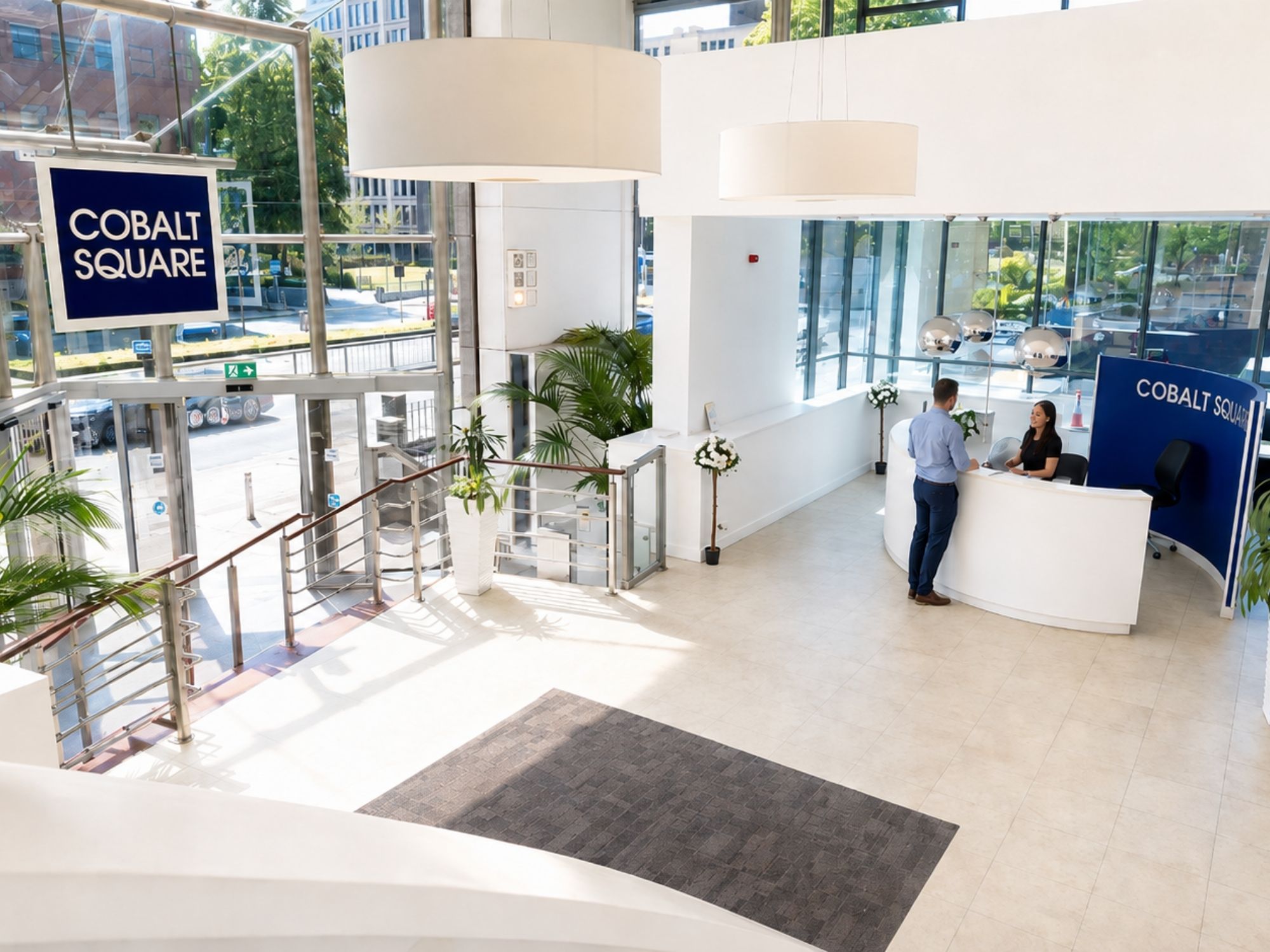Double-height manned reception at Cobalt Square office building in Edgbaston, Birmingham